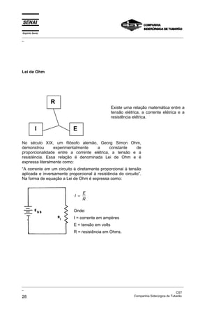 Espírito Santo
_________________________________________________________________________________________________
_
_________________________________________________________________________________________________
_
CST
28 Companhia Siderúrgica de Tubarão
Lei de Ohm
Existe uma relação matemática entre a
tensão elétrica, a corrente elétrica e a
resistência elétrica.
No século XIX, um filósofo alemão, Georg Simon Ohm,
demonstrou experimentalmente a constante de
proporcionalidade entre a corrente elétrica, a tensão e a
resistência. Essa relação é denominada Lei de Ohm e é
expressa literalmente como:
“A corrente em um circuito é diretamente proporcional à tensão
aplicada e inversamente proporcional à resistência do circuito”.
Na forma de equação a Lei de Ohm é expressa como:
I
E
R
=
Onde:
I = corrente em ampères
E = tensão em volts
R = resistência em Ohms.
R
I E
 