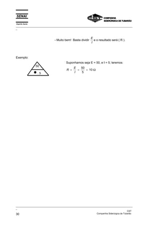 Espírito Santo
_________________________________________________________________________________________________
_
_________________________________________________________________________________________________
_
CST
30 Companhia Siderúrgica de Tubarão
- Muito bem! Basta dividir
E
I
e o resultado será ( R ).
Exemplo:
Suponhamos seja E = 50, e I = 5; teremos:
R
E
I
= = =
50
5
10 Ω
50
•. 5
 