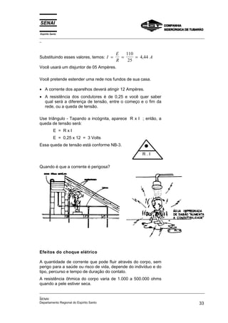 Espírito Santo
_________________________________________________________________________________________________
_
_________________________________________________________________________________________________
_
SENAI
Departamento Regional do Espírito Santo 33
Substituindo esses valores, temos: I
E
R
A
= = =
110
25
4 44
,
Você usará um disjuntor de 05 Ampères.
Você pretende estender uma rede nos fundos de sua casa.
• A corrente dos aparelhos deverá atingir 12 Ampères.
• A resistência dos condutores é de 0,25 e você quer saber
qual será a diferença de tensão, entre o começo e o fim da
rede, ou a queda de tensão.
Use triângulo - Tapando a incógnita, aparece R x I ; então, a
queda de tensão será:
E = R x I
E = 0,25 x 12 = 3 Volts
Essa queda de tensão está conforme NB-3.
Quando é que a corrente é perigosa?
Efeitos do choque elétrico
A quantidade de corrente que pode fluir através do corpo, sem
perigo para a saúde ou risco de vida, depende do indivíduo e do
tipo, percurso e tempo de duração do contato.
A resistência ôhmica do corpo varia de 1.000 a 500.000 ohms
quando a pele estiver seca.
•
R . I
 