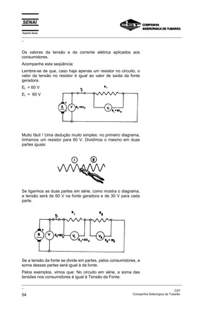 Espírito Santo
_________________________________________________________________________________________________
_
_________________________________________________________________________________________________
_
CST
54 Companhia Siderúrgica de Tubarão
Os valores da tensão e da corrente elétrica aplicados aos
consumidores.
Acompanhe esta seqüência:
Lembre-se de que, caso haja apenas um resistor no circuito, o
valor da tensão no resistor é igual ao valor de saída da fonte
geradora.
Et = 60 V
Et = 60 V
Muito fácil ! Uma dedução muito simples: no primeiro diagrama,
tínhamos um resistor para 60 V. Dividimos o mesmo em duas
partes iguais:
Se ligarmos as duas partes em série, como mostra o diagrama,
a tensão será de 60 V na fonte geradora e de 30 V para cada
parte.
Se a tensão da fonte se divide em partes, pelos consumidores, a
soma dessas partes será igual à da fonte.
Pelos exemplos, vimos que: No circuito em série, a soma das
tensões nos consumidores é igual à Tensão da Fonte.
 