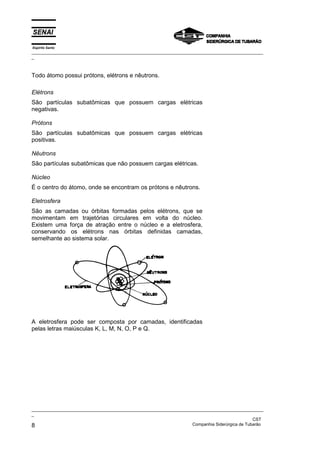 Espírito Santo
_________________________________________________________________________________________________
_
_________________________________________________________________________________________________
_
CST
8 Companhia Siderúrgica de Tubarão
Todo átomo possui prótons, elétrons e nêutrons.
Elétrons
São partículas subatômicas que possuem cargas elétricas
negativas.
Prótons
São partículas subatômicas que possuem cargas elétricas
positivas.
Nêutrons
São partículas subatômicas que não possuem cargas elétricas.
Núcleo
É o centro do átomo, onde se encontram os prótons e nêutrons.
Eletrosfera
São as camadas ou órbitas formadas pelos elétrons, que se
movimentam em trajetórias circulares em volta do núcleo.
Existem uma força de atração entre o núcleo e a eletrosfera,
conservando os elétrons nas órbitas definidas camadas,
semelhante ao sistema solar.
A eletrosfera pode ser composta por camadas, identificadas
pelas letras maiúsculas K, L, M, N, O, P e Q.
 