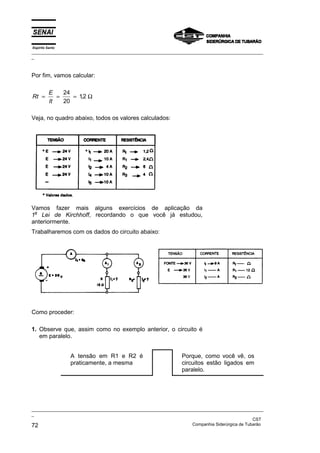 Espírito Santo
_________________________________________________________________________________________________
_
_________________________________________________________________________________________________
_
CST
72 Companhia Siderúrgica de Tubarão
Por fim, vamos calcular:
Rt
E
It
= = =
24
20
12
, Ω
Veja, no quadro abaixo, todos os valores calculados:
Vamos fazer mais alguns exercícios de aplicação da
1a
Lei de Kirchhoff, recordando o que você já estudou,
anteriormente.
Trabalharemos com os dados do circuito abaixo:
Como proceder:
1. Observe que, assim como no exemplo anterior, o circuito é
em paralelo.
A tensão em R1 e R2 é
praticamente, a mesma
Porque, como você vê, os
circuitos estão ligados em
paralelo.
 