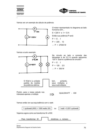 Espírito Santo
_________________________________________________________________________________________________
_
_________________________________________________________________________________________________
_
SENAI
Departamento Regional do Espírito Santo 75
Vamos ver um exemplo de cálculo de potência:
O motor representado no diagrama ao lado
funciona com...
E = 225 V e I = 12 A
Então sua potência P será:
P = E . I
P = 225 . 12
∴ P = 27000 W
Vamos a outro exemplo:
No circuito ao lado a corrente das
lâmpadas é de 2,5 A quando aplicamos
120 V. Qual é a potência do circuito?
P = E . I
P = 120 . 2,5
∴ P = 300 W
O Watt é a unidade
padrão de medida
da potência elétrica
tem, portanto,
seus múltiplos e
seus submúltiplos
Porém, para o nosso estudo nos
interessa apenas o múltiplo ⇒ QUILOWATT - KW
Vamos então ver sua equivalência com o watt:
1 quilowatt (KW) = 1000 watts (W) ou 1 watt = 0,001 quilowatt
Vejamos agora como se transforma W e KW:
Para transformar W dividimos o número
 