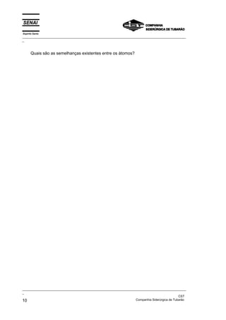 Espírito Santo
_________________________________________________________________________________________________
_
_________________________________________________________________________________________________
_
CST
10 Companhia Siderúrgica de Tubarão
Quais são as semelhanças existentes entre os átomos?
 