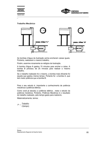 Espírito Santo
_________________________________________________________________________________________________
_
_________________________________________________________________________________________________
_
SENAI
Departamento Regional do Espírito Santo 85
Trabalho Mecânico
As bombas d’água da ilustração acima encheram caixas iguais.
Portanto, realizaram o mesmo trabalho.
Porém, examine novamente os relógios da ilustração.
A bomba d’água A gastou 15 minutos para encher a caixa. A
bomba B precisou de 25 minutos para realizar o mesmo
trabalho.
Se o trabalho realizado foi o mesmo, a bomba mais eficiente foi
aquela que gastou menos tempo. Portanto foi a bomba A, que
tem maior potência que a bomba B.
Para o seu estudo é, importante o conhecimento de potência
mecânica e potência elétrica.
Como você já estudou a potência elétrica , resta o estudo da
potência mecânica. Portanto, Potência Mecânica é o resultado
do trabalho realizado, pelo tempo gasto para realizá-lo.
Matematicamente, temos:
P
Trabalho
t tempo
=
( )
 