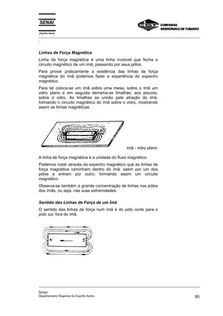 Espírito Santo
_________________________________________________________________________________________________
_
_________________________________________________________________________________________________
_
SENAI
Departamento Regional do Espírito Santo 95
Linhas de Força Magnética
Linha de força magnética é uma linha invisível que fecha o
circuito magnético de um ímã, passando por seus pólos.
Para provar praticamente a existência das linhas de força
magnética do ímã podemos fazer a experiência do expectro
magnético.
Para tal coloca-se um ímã sobre uma mesa; sobre o ímã um
vidro plano e em seguida derrama-se limalhas, aos poucos,
sobre o vidro. As limalhas se unirão pela atração do ímã,
formando o circuito magnético do ímã sobre o vidro, mostrando
assim as linhas magnéticas.
imã - vidro plano
A linha de força magnética é a unidade do fluxo magnético.
Podemos notar através do expectro magnético que as linhas de
força magnética caminham dentro do ímã: saem por um dos
pólos e entram por outro, formando assim um circuito
magnético.
Observa-se também a grande concentração de linhas nos pólos
dos ímãs, ou seja, nas suas extremidades.
Sentido das Linhas de Força de um Ímã
O sentido das linhas de força num ímã é do pólo norte para o
pólo sul, fora do ímã.
 