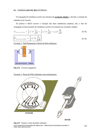 FACULDADE DE ENGENHARIA DE SOROCABA – TÓPICOS DE ENGENHARIA ELÉTRICA I
PROF. JOEL ROCHA PINTO
103
8.1 CONJUGADO DE RELUTÂNCIA
O conjugado de relutância ocorre em sistemas de excitação simples, e devido a variação da
indutância do circuito.
Na prática é difícil ocorrer a variação das duas indutâncias próprias, daí, o fato do
conjugado exclusivamente de relutância ocorrer em sistemas de excitação simples.
C i d
L
d
i d
L
d
i i d
M
dd e v o lv id os e n = + +
1
2
1
21
2 1
2
2 2
1 2
θ θ θ
[8.18]
C i d
L
dd e v o lv id os e n =
1
2 1
2 1
θ [8.19]
Exemplo 1: Imã Permanente e Rotor de Pólos Salientes
Fig. 8.4 Circuito magnético
Exemplo 2: Rotor de Pólos Salientes sem enrolamentos
Fig. 8.5 Estator e rotor de pólos salientes
 
