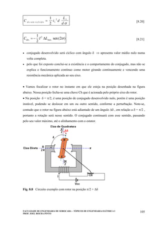 FACULDADE DE ENGENHARIA DE SOROCABA – TÓPICOS DE ENGENHARIA ELÉTRICA I
PROF. JOEL ROCHA PINTO
105
C i d
L
dd e v o lv id os e n =
1
2 1
2 1
σ [8.20]
C I Ldes max. . sen( )= −
1
2
22
∆ σ [8.21]
• conjugado desenvolvido será cíclico com ângulo δ ⇒ apresenta valor médio nulo numa
volta completa.
• pelo que foi exposto conclui-se a existência e o comportamento do conjugado, mas não se
explica o funcionamento contínuo como motor girando continuamente e vencendo uma
resistência mecânica aplicada ao seu eixo.
• Vamos focalizar o rotor no instante em que ele esteja na posição desenhada na figura
abaixo. Nessa posição fecha-se uma chave Ch que é acionada pelo próprio eixo do rotor.
• Na posição δ = π/2, é uma posição de conjugado desenvolvido nulo, porém é uma posição
instável, podendo se deslocar em um ou outro sentido, conforme a perturbação. Note-se,
contudo que o rotor na figura abaixo está adiantado de um ângulo ∆δ , em relação a δ = π/2 ,
portanto a rotação será nesse sentido. O conjugado continuará com esse sentido, passando
pelo seu valor máximo, até o alinhamento com o estator.
Fig. 8.8 Circuito exemplo com rotor na posição π/2 + ∆δ
 