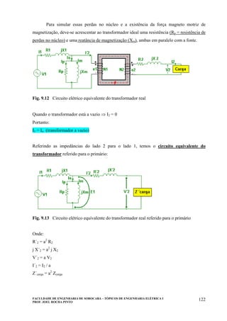 FACULDADE DE ENGENHARIA DE SOROCABA – TÓPICOS DE ENGENHARIA ELÉTRICA I
PROF. JOEL ROCHA PINTO
122
Para simular essas perdas no núcleo e a existência da força magneto motriz de
magnetização, deve-se acrescentar ao transformador ideal uma resistência (Rp = resistência de
perdas no núcleo) e uma reatância de magnetização (Xm), ambas em paralelo com a fonte.
Fig. 9.12 Circuito elétrico equivalente do transformador real
Quando o transformador está a vazio ⇒ I2 = 0
Portanto:
I1 = Io (transformador a vazio)
Referindo as impedâncias do lado 2 para o lado 1, temos o circuito equivalente do
transformador referido para o primário:
Fig. 9.13 Circuito elétrico equivalente do transformador real referido para o primário
Onde:
R´2 = a2
R2
j X´2 = a2
j X2
V´2 = a V2
I´2 = I2 / a
Z´carga = a2
Zcarga
 