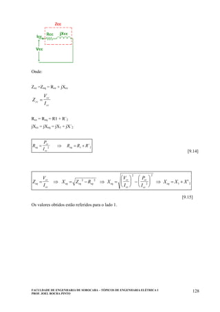 FACULDADE DE ENGENHARIA DE SOROCABA – TÓPICOS DE ENGENHARIA ELÉTRICA I
PROF. JOEL ROCHA PINTO
128
Onde:
Zcc =Zeq = Rcc + jXcc
Z
V
Icc
cc
cc
=
Rcc = Req = R1 + R´2
jXcc = jXeq = jX1 + jX´2
R
P
I
R R Req
cc
cc
eq= ⇒ = +2 1 2`
[9.14]
Z
V
I
X Z R X
V
I
P
I
X X Xeq
cc
cc
eq eq eq eq
cc
cc
cc
cc
eq= ⇒ = − ⇒ =
⎛
⎝
⎜
⎞
⎠
⎟ −
⎛
⎝
⎜
⎞
⎠
⎟ ⇒ = + ′2 2
2
2
2
1 2
[9.15]
Os valores obtidos estão referidos para o lado 1.
 