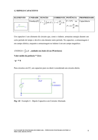 FACULDADE DE ENGENHARIA DE SOROCABA – TÓPICOS DE ENGENHARIA ELÉTRICA I
PROF. JOEL ROCHA PINTO
8
1.3 BIPOLO CAPACITIVO
ELEMENTO UNIDADE TENSÃO CORRENTE POTÊNCIA PROPRIEDADE
Faradays[F]
)(
1
Vidt
C
V ∫= )(A
dt
dv
CI =
P = V*I ou
dt
dv
CvP = (W)
Capacitância
Um capacitor é um elemento de circuito que, como o indutor, armazena energia durante um
certo período de tempo e devolve esta durante outro período. No capacitor, a armazenagem é
em campo elétrico, enquanto a armazenagem no indutor é em um campo magnético.
∫= dtpENERGIA . , unidade em Joule (J) ou (Watt.hora)
Valor médio da potência = Zero
<p> = 0
Para circuitos em CC, um capacitor puro ou ideal é considerado um circuito aberto.
Fig. 1.8 Exemplo 4 – Bipolo Capacitivo em Corrente Alternada
 