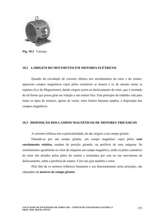 FACULDADE DE ENGENHARIA DE SOROCABA – TÓPICOS DE ENGENHARIA ELÉTRICA I
PROF. JOEL ROCHA PINTO
135
Fig. 10.3 Carcaça
10.2 A ORIGEM DO MOVIMENTO EM MOTORES ELÉTRICOS
Quando da circulação de corrente elétrica nos enrolamentos do rotor e do estator,
aparecem campos magnéticos cujos pólos contrários se atraem e os de mesmo nome se
repelem (Lei do Magnetismo), dando origem assim ao deslocamento do rotor, que é montado
de tal forma que possa girar em relação a um estator fixo. Este princípio de trabalho vale para
todos os tipos de motores, apesar de variar, entre limites bastante amplos, a disposição dos
campos magnéticos.
10.3 DISPOSIÇÃO DOS CAMPOS MAGNÉTICOS DE MOTORES TRIFÁSICOS
A corrente trifásica tem a particularidade, de dar origem a um campo girante.
Entende-se por um campo girante, um campo magnético cujos pólos com
enrolamento estático, mudam de posição girando, na periferia de uma máquina. Se
constituirmos igualmente no rotor da máquina um campo magnético, então os pólos contrários
do rotor são atraídos pelos pólos do estator e arrastados por este no seu movimento de
deslocamento, sobre a periferia do estator. Com isto gira também o rotor.
Pelo fato de os motores trifásicos basearem o seu funcionamento neste princípio, são
chamados de motores de campo girante.
 