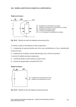 FACULDADE DE ENGENHARIA DE SOROCABA – TÓPICOS DE ENGENHARIA ELÉTRICA I
PROF. JOEL ROCHA PINTO
143
10.8 MODELAMENTO DAS MÁQUINAS ASSÍNCRONAS
Modelo do Estator :
Fig. 10.11 Modelo do estator da máquina assíncrona por fase
A corrente I1 pode ser decomposta em duas componentes :
I´2 - componente de carga que produz uma f.m.m. que contrabalanceia a f.m.m. induzida pela
corrente do rotor.
Io - componente de excitação; corrente adicional para criar o fluxo do entreferro.
A corrente Io também tem duas componentes :
Ip - corrente de perdas no ferro (núcleo), em fase com E1.
Im - corrente de magnetização, atrasada de 90º de E1.
Modelo do Rotor :
Fig. 10.12 Modelo do rotor da máquina assíncrona por fase
 