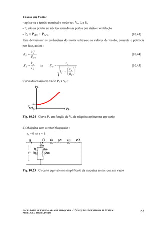 FACULDADE DE ENGENHARIA DE SOROCABA – TÓPICOS DE ENGENHARIA ELÉTRICA I
PROF. JOEL ROCHA PINTO
152
Ensaio em Vazio :
- aplica-se a tensão nominal e mede-se : Vo, Io e Po
- Po são as perdas no núcleo somadas às perdas por atrito e ventilação
- Po = PoFE + PA.V. [10.43]
Para determinar os parâmetros do motor utiliza-se os valores de tensão, corrente e potência
por fase, assim :
R
V
PP
o
oFE
=
2
[10.44]
X
V
Im
o
m
= ⇒ X
V
I
V
R
m
o
o
o
P
=
−
⎛
⎝
⎜
⎞
⎠
⎟2
2
[10.45]
Curva do ensaio em vazio Po x Vo :
Fig. 10.24 Curva Po em função de Vo da máquina assíncrona em vazio
b) Máquina com o rotor bloqueado :
nr = 0 ⇒ s = 1
Fig. 10.25 Circuito equivalente simplificado da máquina assíncrona em vazio
 