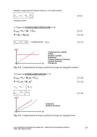FACULDADE DE ENGENHARIA DE SOROCABA – TÓPICOS DE ENGENHARIA ELÉTRICA I
PROF. JOEL ROCHA PINTO
157
Quando a carga parte do repouso temos nc1=0 e então resulta:
C
xCmedio
=
+
C + K .
n
o c
c2
x
1
[11.8]
Portanto, temos:
1) Carga com CONJUGADO CONSTANTE (x=0):
Ccarga = Co + Kc = CCN [11.9]
P = (Co + Kc) nc [11.10]
CCmedio
= C + Ko c = CONSTANTE = CCN [11.11]
Fig. 11.2 Comportamento de torque e potência de cargas de conjugado constante
2) Carga com CONJUGADO LINEAR (x=1):
Ccarga = Co + Kc.nc = C CN [11.12]
P = Co. nc + Kc. nc
2
[11.13]
C nC cmedio
= C +
1
2
.Ko c.
CCmedio
=
C + Co CN
2
[11.14]
Fig. 11.3 Comportamento de torque e potência de cargas de conjugado linear
 