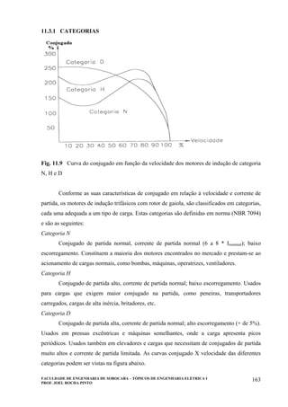 FACULDADE DE ENGENHARIA DE SOROCABA – TÓPICOS DE ENGENHARIA ELÉTRICA I
PROF. JOEL ROCHA PINTO
163
11.3.1 CATEGORIAS
Fig. 11.9 Curva do conjugado em função da velocidade dos motores de indução de categoria
N, H e D
Conforme as suas características de conjugado em relação à velocidade e corrente de
partida, os motores de indução trifásicos com rotor de gaiola, são classificados em categorias,
cada uma adequada a um tipo de carga. Estas categorias são definidas em norma (NBR 7094)
e são as seguintes:
Categoria N
Conjugado de partida normal, corrente de partida normal (6 a 8 * Inominal); baixo
escorregamento. Constituem a maioria dos motores encontrados no mercado e prestam-se ao
acionamento de cargas normais, como bombas, máquinas, operatrizes, ventiladores.
Categoria H
Conjugado de partida alto, corrente de partida normal; baixo escorregamento. Usados
para cargas que exigem maior conjugado na partida, como peneiras, transportadores
carregados, cargas de alta inércia, britadores, etc.
Categoria D
Conjugado de partida alta, corrente de partida normal; alto escorregamento (+ de 5%).
Usados em prensas excêntricas e máquinas semelhantes, onde a carga apresenta picos
periódicos. Usados também em elevadores e cargas que necessitam de conjugados de partida
muito altos e corrente de partida limitada. As curvas conjugado X velocidade das diferentes
categorias podem ser vistas na figura abaixo.
 
