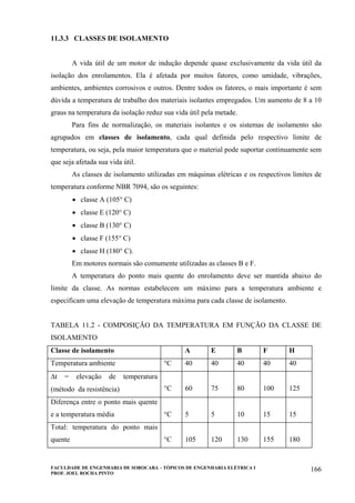 FACULDADE DE ENGENHARIA DE SOROCABA – TÓPICOS DE ENGENHARIA ELÉTRICA I
PROF. JOEL ROCHA PINTO
166
11.3.3 CLASSES DE ISOLAMENTO
A vida útil de um motor de indução depende quase exclusivamente da vida útil da
isolação dos enrolamentos. Ela é afetada por muitos fatores, como umidade, vibrações,
ambientes, ambientes corrosivos e outros. Dentre todos os fatores, o mais importante é sem
dúvida a temperatura de trabalho dos materiais isolantes empregados. Um aumento de 8 a 10
graus na temperatura da isolação reduz sua vida útil pela metade.
Para fins de normalização, os materiais isolantes e os sistemas de isolamento são
agrupados em classes de isolamento, cada qual definida pelo respectivo limite de
temperatura, ou seja, pela maior temperatura que o material pode suportar continuamente sem
que seja afetada sua vida útil.
As classes de isolamento utilizadas em máquinas elétricas e os respectivos limites de
temperatura conforme NBR 7094, são os seguintes:
• classe A (105° C)
• classe E (120° C)
• classe B (130° C)
• classe F (155° C)
• classe H (180° C).
Em motores normais são comumente utilizadas as classes B e F.
A temperatura do ponto mais quente do enrolamento deve ser mantida abaixo do
limite da classe. As normas estabelecem um máximo para a temperatura ambiente e
especificam uma elevação de temperatura máxima para cada classe de isolamento.
TABELA 11.2 - COMPOSIÇÃO DA TEMPERATURA EM FUNÇÃO DA CLASSE DE
ISOLAMENTO
Classe de isolamento A E B F H
Temperatura ambiente °C 40 40 40 40 40
∆t = elevação de temperatura
(método da resistência) °C 60 75 80 100 125
Diferença entre o ponto mais quente
e a temperatura média °C 5 5 10 15 15
Total: temperatura do ponto mais
quente °C 105 120 130 155 180
 