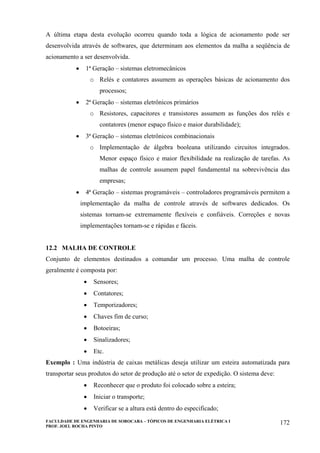 FACULDADE DE ENGENHARIA DE SOROCABA – TÓPICOS DE ENGENHARIA ELÉTRICA I
PROF. JOEL ROCHA PINTO
172
A última etapa desta evolução ocorreu quando toda a lógica de acionamento pode ser
desenvolvida através de softwares, que determinam aos elementos da malha a seqüência de
acionamento a ser desenvolvida.
• 1ª Geração – sistemas eletromecânicos
o Relés e contatores assumem as operações básicas de acionamento dos
processos;
• 2ª Geração – sistemas eletrônicos primários
o Resistores, capacitores e transistores assumem as funções dos relés e
contatores (menor espaço físico e maior durabilidade);
• 3ª Geração – sistemas eletrônicos combinacionais
o Implementação de álgebra booleana utilizando circuitos integrados.
Menor espaço físico e maior flexibilidade na realização de tarefas. As
malhas de controle assumem papel fundamental na sobrevivência das
empresas;
• 4ª Geração – sistemas programáveis – controladores programáveis permitem a
implementação da malha de controle através de softwares dedicados. Os
sistemas tornam-se extremamente flexíveis e confiáveis. Correções e novas
implementações tornam-se e rápidas e fáceis.
12.2 MALHA DE CONTROLE
Conjunto de elementos destinados a comandar um processo. Uma malha de controle
geralmente é composta por:
• Sensores;
• Contatores;
• Temporizadores;
• Chaves fim de curso;
• Botoeiras;
• Sinalizadores;
• Etc.
Exemplo : Uma indústria de caixas metálicas deseja utilizar um esteira automatizada para
transportar seus produtos do setor de produção até o setor de expedição. O sistema deve:
• Reconhecer que o produto foi colocado sobre a esteira;
• Iniciar o transporte;
• Verificar se a altura está dentro do especificado;
 
