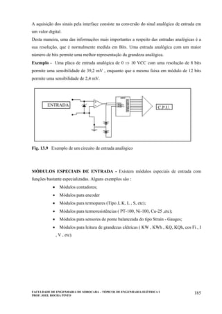FACULDADE DE ENGENHARIA DE SOROCABA – TÓPICOS DE ENGENHARIA ELÉTRICA I
PROF. JOEL ROCHA PINTO
185
A aquisição dos sinais pela interface consiste na conversão do sinal analógico de entrada em
um valor digital.
Desta maneira, uma das informações mais importantes a respeito das entradas analógicas é a
sua resolução, que é normalmente medida em Bits. Uma entrada analógica com um maior
número de bits permite uma melhor representação da grandeza analógica.
Exemplo - Uma placa de entrada analógica de 0 ⇒ 10 VCC com uma resolução de 8 bits
permite uma sensibilidade de 39,2 mV , enquanto que a mesma faixa em módulo de 12 bits
permite uma sensibilidade de 2,4 mV.
Fig. 13.9 Exemplo de um circuito de entrada analógico
MÓDULOS ESPECIAIS DE ENTRADA - Existem módulos especiais de entrada com
funções bastante especializadas. Alguns exemplos são :
• Módulos contadores;
• Módulos para encoder
• Módulos para termopares (Tipo J, K, L , S, etc);
• Módulos para termoresistências ( PT-100, Ni-100, Cu-25 ,etc);
• Módulos para sensores de ponte balanceada do tipo Strain - Gauges;
• Módulos para leitura de grandezas elétricas ( KW , KWh , KQ, KQh, cos Fi , I
, V , etc).
C.P.U.
ENTRADA
 