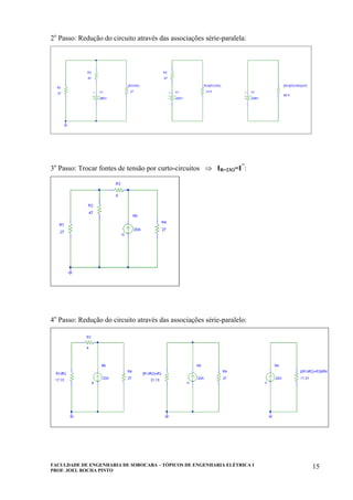 FACULDADE DE ENGENHARIA DE SOROCABA – TÓPICOS DE ENGENHARIA ELÉTRICA I
PROF. JOEL ROCHA PINTO
15
2o
Passo: Redução do circuito através das associações série-paralela:
3o
Passo: Trocar fontes de tensão por curto-circuitos ⇒ IR=23Ω=I’’
:
4o
Passo: Redução do circuito através das associações série-paralelo:
 