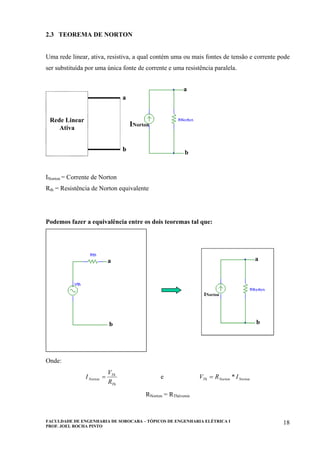 FACULDADE DE ENGENHARIA DE SOROCABA – TÓPICOS DE ENGENHARIA ELÉTRICA I
PROF. JOEL ROCHA PINTO
18
2.3 TEOREMA DE NORTON
Uma rede linear, ativa, resistiva, a qual contém uma ou mais fontes de tensão e corrente pode
ser substituída por uma única fonte de corrente e uma resistência paralela.
Rede Linear
Ativa
a
b
b
a
INorton
Rede Linear
Ativa
a
b
b
a
Rede Linear
Ativa
a
b
Rede Linear
Ativa
a
b
b
a
INorton
INorton = Corrente de Norton
Rth = Resistência de Norton equivalente
Podemos fazer a equivalência entre os dois teoremas tal que:
a
b b
a
INorton
a
b b
a
INorton
b
a
INorton
Onde:
Th
Th
Norton
R
V
I = e NortonNortonTh IRV *=
RNorton = RThévenin
 
