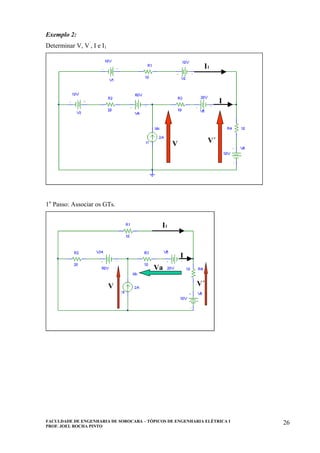 FACULDADE DE ENGENHARIA DE SOROCABA – TÓPICOS DE ENGENHARIA ELÉTRICA I
PROF. JOEL ROCHA PINTO
26
Exemplo 2:
Determinar V, V´
, I e I1
V V´
I
I1
1o
Passo: Associar os GTs.
V V´
I1
I
Va
 