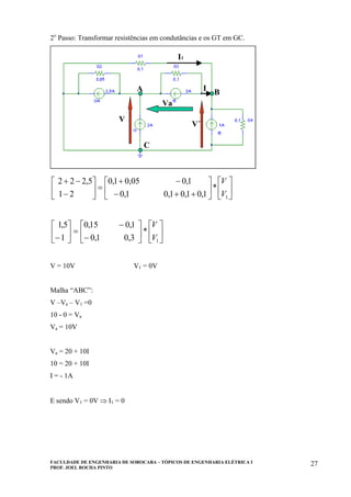 FACULDADE DE ENGENHARIA DE SOROCABA – TÓPICOS DE ENGENHARIA ELÉTRICA I
PROF. JOEL ROCHA PINTO
27
2o
Passo: Transformar resistências em condutâncias e os GT em GC.
V´
V
V´
I1
IA B
C
V´
V
V´
V
V´
I1
IA B
C
Va
⎥
⎦
⎤
⎢
⎣
⎡
⎥
⎦
⎤
⎢
⎣
⎡
++−
−+
=⎥
⎦
⎤
⎢
⎣
⎡
−
−+
1
*
1,01,01,01,0
1,005,01,0
21
5,222
V
V
⎥
⎦
⎤
⎢
⎣
⎡
⎥
⎦
⎤
⎢
⎣
⎡
−
−
=⎥
⎦
⎤
⎢
⎣
⎡
− 1
*
3,01,0
1,015,0
1
5,1
V
V
V = 10V V1 = 0V
Malha “ABC”:
V –Va – V1 =0
10 - 0 = Va
Va = 10V
Va = 20 + 10I
10 = 20 + 10I
I = - 1A
E sendo V1 = 0V ⇒ I1 = 0
 