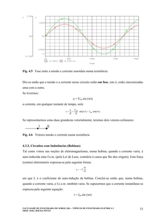 FACULDADE DE ENGENHARIA DE SOROCABA – TÓPICOS DE ENGENHARIA ELÉTRICA I
PROF. JOEL ROCHA PINTO
33
Time
0s 5ms 10ms 15ms 20ms
1 I(R1) 2 V(R1:1)
-2.0A
0A
2.0A
1
-200V
0V
200V
2
>>
Fig. 4.5 Fase entre a tensão e corrente senoidais numa resistência
Diz-se então que a tensão e a corrente nesse circuito estão em fase, isto é, estão sincronizadas
uma com a outra.
Se tivermos:
u = Um.sin (wt)
a corrente, em qualquer instante de tempo, será:
Se representarmos estas duas grandezas vetorialmente, teremos dois vetores colineares:
Fig. 4.6 Vetores tensão e corrente numa resistência
4.3.2. Circuitos com Indutâncias (Bobinas)
Tal como vimos nas noções de eletromagnetismo, numa bobina, quando a corrente varia, é
auto-induzida uma f.e.m. (pela Lei de Lenz, contrária à causa que lhe deu origem). Esta força
(contra) eletromotriz expressa-se pela seguinte forma:
em que L é o coeficiente de auto-indução da bobina. Conclui-se então que, numa bobina,
quando a corrente varia, a f.c.e.m. também varia. Se supusermos que a corrente instantânea se
expressa pela seguinte equação:
i = Im.sin (wt)
 