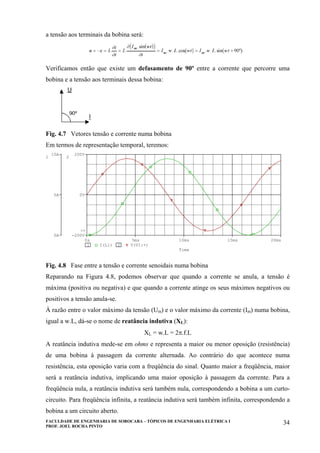 FACULDADE DE ENGENHARIA DE SOROCABA – TÓPICOS DE ENGENHARIA ELÉTRICA I
PROF. JOEL ROCHA PINTO
34
a tensão aos terminais da bobina será:
Verificamos então que existe um defasamento de 90º entre a corrente que percorre uma
bobina e a tensão aos terminais dessa bobina:
Fig. 4.7 Vetores tensão e corrente numa bobina
Em termos de representação temporal, teremos:
Time
0s 5ms 10ms 15ms 20ms
1 I(L1) 2 V(V1:+)
0A
5A
10A
1
-200V
0V
200V
2
>>
Fig. 4.8 Fase entre a tensão e corrente senoidais numa bobina
Reparando na Figura 4.8, podemos observar que quando a corrente se anula, a tensão é
máxima (positiva ou negativa) e que quando a corrente atinge os seus máximos negativos ou
positivos a tensão anula-se.
À razão entre o valor máximo da tensão (Um) e o valor máximo da corrente (Im) numa bobina,
igual a w.L, dá-se o nome de reatância indutiva (XL):
XL = w.L = 2π.f.L
A reatância indutiva mede-se em ohms e representa a maior ou menor oposição (resistência)
de uma bobina à passagem da corrente alternada. Ao contrário do que acontece numa
resistência, esta oposição varia com a freqüência do sinal. Quanto maior a freqüência, maior
será a reatância indutiva, implicando uma maior oposição à passagem da corrente. Para a
freqüência nula, a reatância indutiva será também nula, correspondendo a bobina a um curto-
circuito. Para freqüência infinita, a reatância indutiva será também infinita, correspondendo a
bobina a um circuito aberto.
 