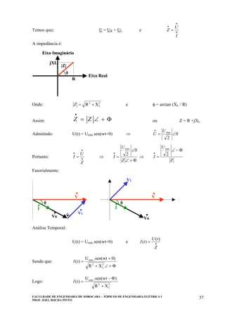 FACULDADE DE ENGENHARIA DE SOROCABA – TÓPICOS DE ENGENHARIA ELÉTRICA I
PROF. JOEL ROCHA PINTO
37
Temos que: U = UR + UL e •
•
•
=
I
U
Z
A impedância é:
Eixo Imaginário
Eixo Real
R
jXL
φ
|Z|
Eixo Imaginário
Eixo Real
R
jXL
φ
Eixo Imaginário
Eixo Real
R
jXL
φ
|Z|
Onde: 2
L
2
XR +=Z e φ = arctan (XL / R)
Assim: Φ+∠=
•
ZZ ou Z = R +jXL
Admitindo: U(t) = Umáx.sen(wt+0) ⇒ 0
2
max
∠=
• U
U
Portanto: •
•
•
=
Z
U
I ⇒
Φ+∠
∠
=
•
Z
U
I
0
2
max
⇒
Z
U
I
Φ−∠
=
•
2
max
Fasorialmente:
φ
V
VL
φ
I
VR .
.
..
.
V
.
VL
VR
.I
. φ
V
VL
φ
I
VR .
.
..
.
V
.
VL
VR
.I
.VV
VL
φ
I
VR .
.
..
.
VV
.
VL
VR
.I
.
Análise Temporal:
U(t) = Umáx.sen(wt+0) e •
=
Z
tU
tI
)(
)(
Sendo que:
Φ+∠+
+
=
2
L
2
máx
XR
0).sen(wtU
)(tI
Logo:
2
L
2
máx
XR
).sen(wtU
)(
+
Φ−
=tI
 