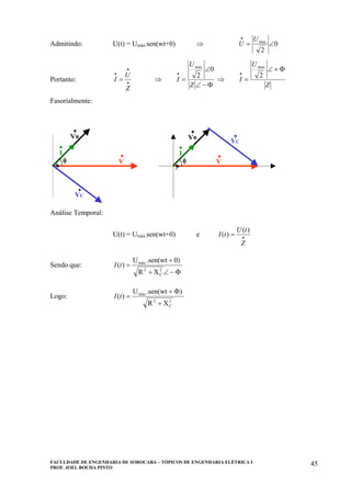 FACULDADE DE ENGENHARIA DE SOROCABA – TÓPICOS DE ENGENHARIA ELÉTRICA I
PROF. JOEL ROCHA PINTO
45
Admitindo: U(t) = Umáx.sen(wt+0) ⇒ 0
2
max
∠=
• U
U
Portanto: •
•
•
=
Z
U
I ⇒
Φ−∠
∠
=
•
Z
U
I
0
2
max
⇒
Z
U
I
Φ+∠
=
•
2
max
Fasorialmente:
V
VC
φ
. .
.
VR
.
I
.
V
.φ
.
I
. VC
.VR
.
VV
VC
φ
. .
.
VR
.VR
.
I
.I
.
V
.φ
.
I
.I
. VC
.VR
.VR
.
Análise Temporal:
U(t) = Umáx.sen(wt+0) e •
=
Z
tU
tI
)(
)(
Sendo que:
Φ−∠+
+
=
2
C
2
máx
XR
0).sen(wtU
)(tI
Logo:
2
C
2
máx
XR
).sen(wtU
)(
+
Φ+
=tI
 
