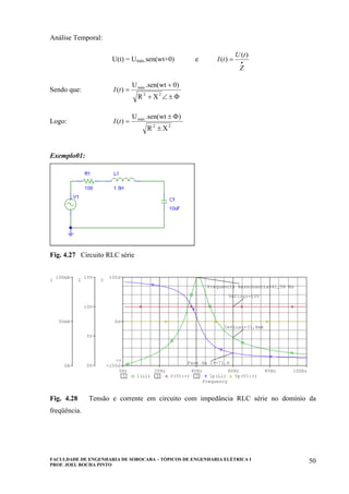 FACULDADE DE ENGENHARIA DE SOROCABA – TÓPICOS DE ENGENHARIA ELÉTRICA I
PROF. JOEL ROCHA PINTO
50
Análise Temporal:
U(t) = Umáx.sen(wt+0) e •
=
Z
tU
tI
)(
)(
Sendo que:
Φ±∠+
+
=
22
máx
XR
0).sen(wtU
)(tI
Logo:
22
máx
XR
).sen(wtU
)(
±
Φ±
=tI
Exemplo01:
Fig. 4.27 Circuito RLC série
Frequency
0Hz 20Hz 40Hz 60Hz 80Hz 100Hz
1 I(L1) 2 V(V1:+) 3 Ip(L1) Vp(V1:+)
0A
50mA
100mA
1
0V
5V
10V
15V
2
-100d
0d
100d
3
>>
Frequencia Ressonancia=41,58 Hz
Fase da I=-71.6
Veficaz=10V
Ieficaz=31,6mA
Fig. 4.28 Tensão e corrente em circuito com impedância RLC série no domínio da
freqüência.
 