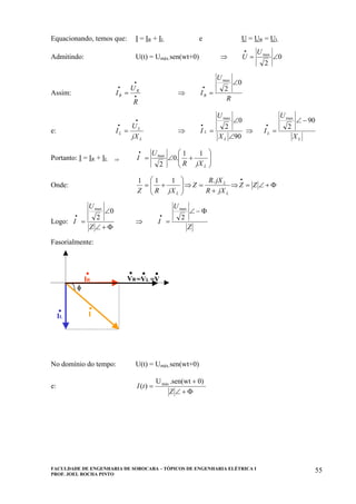 FACULDADE DE ENGENHARIA DE SOROCABA – TÓPICOS DE ENGENHARIA ELÉTRICA I
PROF. JOEL ROCHA PINTO
55
Equacionando, temos que: I = IR + IL e U = UR = UL
Admitindo: U(t) = Umáx.sen(wt+0) ⇒ 0
2
max
∠=
• U
U
Assim: •
•
•
=
R
U
I R
R ⇒
R
U
IR
0
2
max
∠
=
•
e:
L
L
L
jX
U
I
•
•
= ⇒
90
0
2
max
∠
∠
=
•
L
L
X
U
I ⇒
L
L
X
U
I
90
2
max
−∠
=
•
Portanto: I = IR + IL ⇒ ⎟⎟
⎠
⎞
⎜⎜
⎝
⎛
+∠=
•
LjXR
U
I
11
.0
2
max
Onde: Φ+∠=⇒
+
=⇒⎟⎟
⎠
⎞
⎜⎜
⎝
⎛
+=
•
ZZ
jXR
jXR
Z
jXRZ L
L
L
.111
Logo:
Φ+∠
∠
=
•
Z
U
I
0
2
max
⇒
Z
U
I
Φ−∠
=
•
2
max
Fasorialmente:
φ
VR
.
.IL
IR
.
.I
=VL =V
. .
φ
VR
.VR
.
.IL
.IL
IR
.IR
.
.I
.I
=VL =V
. .=VL =V
. .
No domínio do tempo: U(t) = Umáx.sen(wt+0)
e:
Φ+∠
+
=
Z
tI
0).sen(wtU
)( máx
 