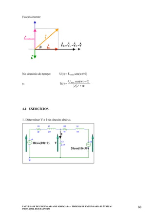 FACULDADE DE ENGENHARIA DE SOROCABA – TÓPICOS DE ENGENHARIA ELÉTRICA I
PROF. JOEL ROCHA PINTO
60
Fasorialmente:
No domínio do tempo: U(t) = Umáx.sen(wt+0)
e:
Φ±∠
+
=
Z
tI
0).sen(wtU
)( máx
4.4 EXERCÍCIOS
1. Determinar V e I no circuito abaixo.
10cos(10t+0)
20cos(10t-30)
I
V10cos(10t+0)
20cos(10t-30)
I
V
φ VR
.
IR
.
.I
=VC =V
. .
.Iresultante
.IL
VL
.=φ VR
.VR
.
IR
.IR
.
.I
.I
=VC =V
. .=VC =V
. .
.Iresultante
.Iresultante
.IL
.IL
VL
.VL
.=
 