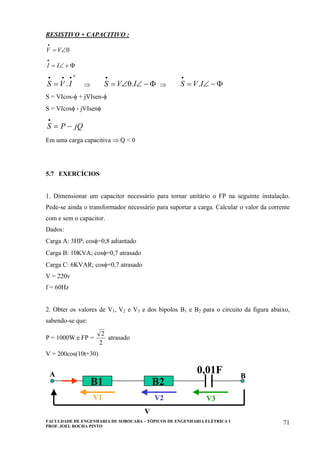 FACULDADE DE ENGENHARIA DE SOROCABA – TÓPICOS DE ENGENHARIA ELÉTRICA I
PROF. JOEL ROCHA PINTO
71
RESISTIVO + CAPACITIVO :
0∠=
•
VV
Φ+∠=
•
II
∗•••
= IVS . ⇒ Φ−∠∠=
•
IVS .0 ⇒ Φ−∠=
•
IVS .
S = VIcos-φ + jVIsen-φ
S = VIcosφ - jVIsenφ
jQPS −=
•
Em uma carga capacitiva ⇒ Q < 0
5.7 EXERCÍCIOS
1. Dimensionar um capacitor necessário para tornar unitário o FP na seguinte instalação.
Pede-se ainda o transformador necessário para suportar a carga. Calcular o valor da corrente
com e sem o capacitor.
Dados:
Carga A: 3HP; cosφ=0,8 adiantado
Carga B: 10KVA; cosφ=0,7 atrasado
Carga C: 6KVAR; cosφ=0,7 atrasado
V = 220v
f = 60Hz
2. Obter os valores de V1, V2 e V3 e dos bipolos B1 e B2 para o circuito da figura abaixo,
sabendo-se que:
P = 1000W e FP =
2
2
atrasado
V = 200cos(10t+30)
B1 B2
0,01F
V1 V2 V3
V
A B
B1 B2
0,01F
V1 V2 V3
V
A B
 