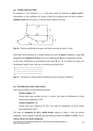 FACULDADE DE ENGENHARIA DE SOROCABA – TÓPICOS DE ENGENHARIA ELÉTRICA I
PROF. JOEL ROCHA PINTO
76
6.4 CONDUTOR NEUTRO
Se reunirmos os três terminais x, y, z, num único ponto N, chamado de ponto neutro e
substituirmos os três condutores de retorno (vindos dos receptores) por um único condutor -
condutor neutro (ou fio neutro), a corrente nesse condutor será nula:
Fig. 6.6 Sistema equilibrado de cargas com neutro (corrente no neutro é nula)
Pode desta forma distribuir-se a energia elétrica por meio de quatro condutores, sendo três
designados por condutores de fase (ativos) ou simplesmente fases, em linguagem corrente.
As três fases simbolizam-se normalmente pelas letras R, S e T. O condutor de neutro está
normalmente ligado à terra, pelo que se encontra ao potencial zero:
Fig. 6.7 Transporte de energia elétrica trifásica por meio de quatro condutores
6.5 TENSÕES DE FASE E DE LINHA
Num sistema trifásico existem diferentes tensões:
Tensões simples - Us
Tensão entre cada condutor de fase e o neutro. Nas redes de distribuição de baixa
tensão, aproximadamente 120 V.
Tensões compostas - Uc
Tensão entre dois condutores de fase. Nas redes de distribuição de baixa tensão,
aproximadamente 220 V.
Nas redes de transporte de alta e média tensões, apenas se indica o valor das tensões
compostas. Assim, quando é indicado que uma linha tem tensões de 220 kV ou 30 kV, são os
valores eficazes de tensões compostas.
 