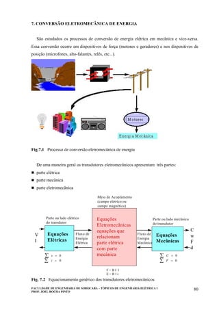 FACULDADE DE ENGENHARIA DE SOROCABA – TÓPICOS DE ENGENHARIA ELÉTRICA I
PROF. JOEL ROCHA PINTO
80
7. CONVERSÃO ELETROMECÂNICA DE ENERGIA
São estudados os processos de conversão de energia elétrica em mecânica e vice-versa.
Essa conversão ocorre em dispositivos de força (motores e geradores) e nos dispositivos de
posição (microfones, alto-falantes, relês, etc...).
Fig.7.1 Processo de conversão eletromecânica de energia
De uma maneira geral os transdutores eletromecânicos apresentam três partes:
parte elétrica
parte mecânica
parte eletromecânica
Fig. 7.2 Equacionamento genérico dos transdutores eletromecânicos
Equações
Mecânicas
Equações
Elétricas
Equações
Eletromecânicas
equações que
relacionam
parte elétrica
com parte
mecânica
V
I
C
w
F
d
Fluxo de
Energia
Elétrica
Fluxo de
Energia
Mecânica
Meio de Acoplamento
(campo elétrico ou
campo magnético)
Parte ou lado elétrico
do transdutor
Parte ou lado mecânico
do transdutor
v =∑ 0
i =∑ 0
C =∑ 0
F =∑ 0
F = B I l
E = B l v
 