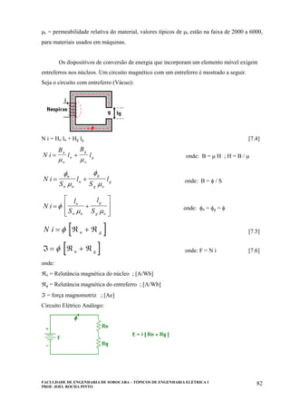 FACULDADE DE ENGENHARIA DE SOROCABA – TÓPICOS DE ENGENHARIA ELÉTRICA I
PROF. JOEL ROCHA PINTO
82
µr = permeabilidade relativa do material, valores típicos de µr estão na faixa de 2000 a 6000,
para materiais usados em máquinas.
Os dispositivos de conversão de energia que incorporam um elemento móvel exigem
entreferros nos núcleos. Um circuito magnético com um entreferro é mostrado a seguir.
Seja o circuito com entreferro (Vácuo):
N i = Hn ln + Hg lg [7.4]
N i
B
l
B
l
n
n
n
g
o
g= +
µ µ
onde: B = µ H ; H = B / µ
N i
S
l
S
ln
n n
n
g
g o
g= +
φ
µ
φ
µ onde: B = φ / S
N i
l
S
l
S
n
n n
g
g o
= +
⎡
⎣
⎢
⎢
⎤
⎦
⎥
⎥
φ
µ µ onde: φn = φg = φ
[ ]N i n g= ℜ + ℜφ [7.5]
[ ]ℑ = ℜ + ℜφ n g onde: F = N i [7.6]
onde:
ℜn = Relutância magnética do núcleo ; [A/Wb]
ℜg = Relutância magnética do entreferro ; [A/Wb]
ℑ = força magnomotriz ; [Ae]
Circuito Elétrico Análogo:
 