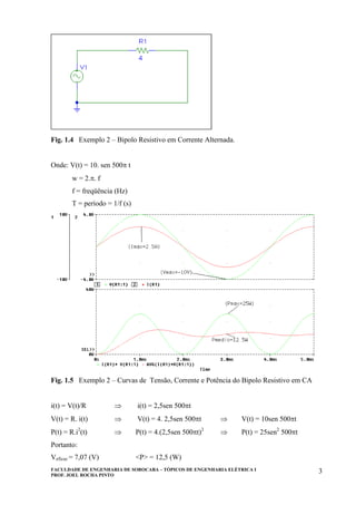 FACULDADE DE ENGENHARIA DE SOROCABA – TÓPICOS DE ENGENHARIA ELÉTRICA I
PROF. JOEL ROCHA PINTO
3
Fig. 1.4 Exemplo 2 – Bipolo Resistivo em Corrente Alternada.
Onde: V(t) = 10. sen 500π t
w = 2.π. f
f = freqüência (Hz)
T = período = 1/f (s)
Fig. 1.5 Exemplo 2 – Curvas de Tensão, Corrente e Potência do Bipolo Resistivo em CA
i(t) = V(t)/R ⇒ i(t) = 2,5sen 500πt
V(t) = R. i(t) ⇒ V(t) = 4. 2,5sen 500πt ⇒ V(t) = 10sen 500πt
P(t) = R.i2
(t) ⇒ P(t) = 4.(2,5sen 500πt)2
⇒ P(t) = 25sen2
500πt
Portanto:
Veficaz = 7,07 (V) <P> = 12,5 (W)
 