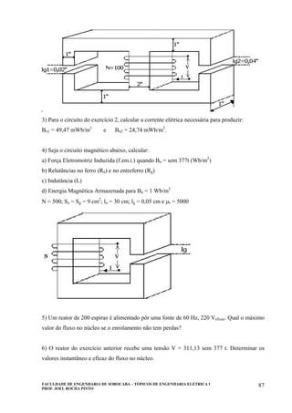 FACULDADE DE ENGENHARIA DE SOROCABA – TÓPICOS DE ENGENHARIA ELÉTRICA I
PROF. JOEL ROCHA PINTO
87
3) Para o circuito do exercício 2, calcular a corrente elétrica necessária para produzir:
Bn1 = 49,47 mWb/m2
e Bn2 = 24,74 mWb/m2
.
4) Seja o circuito magnético abaixo, calcular:
a) Força Eletromotriz Induzida (f.em.i.) quando Bn = sem 377t (Wb/m2
)
b) Relutâncias no ferro (Rn) e no entreferro (Rg)
c) Indutância (L)
d) Energia Magnética Armazenada para Bn = 1 Wb/m2
N = 500; Sn = Sg = 9 cm2
; ln = 30 cm; lg = 0,05 cm e µr = 5000
5) Um reator de 200 espiras é alimentado pôr uma fonte de 60 Hz, 220 Veficaz. Qual o máximo
valor do fluxo no núcleo se o enrolamento não tem perdas?
6) O reator do exercício anterior recebe uma tensão V = 311,13 sem 377 t. Determinar os
valores instantâneo e eficaz do fluxo no núcleo.
 