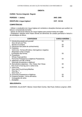 CENTRO FEDERAL DE EDUCAÇÃO TECNOLÓGICA DE PERNAMBUCO 102 
EMENTA 
CURSO: Técnico Integrado Regular 
PERÍODO: I (todos) ANO: 2006 
DISCIPLINA: Língua Inglesa I CHT: 36 H/A 
COMPETÊNCIAS: 
- Utilizar o vocabulário da Língua Inglesa em contextos e situações diversas que auxiliem na leitura e compreensão de textos. 
- Aplicar as estruturas básicas da Língua Inglesa para produzir textos em inglês 
- Estabelecer relações entre frases através de elementos de coesão gramatical e lexical e de estratégias de leitura. 
CONTEÚDOS 
CARGA HORÁRIA 
1. Introducting people and yourself 
How old are you? Etc. 
Review of numbers 
2. Placement test (teste de conhecimento). 
3. Prediction 
Verb to be - formas afirmativa, interrogativa e negativa. 
Respostas curtas e longas. 
Contrações das formas. 
4. Possessive. 
Whose /Caso genitivo. 
Pronomes Possessivos e Adjetivos Possessivos. 
5. Adjectives com BE e HAVE. 
Descrição de pessoas e objetivos! 
6. Demostrative adjectives – this / these, that / those. 
How much e how big com o verbo to be. 
7. Verb to be 
How mary?/much/many/little/few 
How big...? 
How much...? 
8. Pronomes Possessivos e Adjetivos. 
9. Presente Simples – forma afirmativa. 
Conjugação de verbo. 
Exceções 
02 
02 
04 
05 
04 
05 
04 
04 
06 
BIBLIOGRAFIA: 
ACEVEDO, Ana & DUFF, Marisol. Grand Slam Combo. São Paulo: Editora Longman, 2004. 
 
