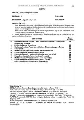 CENTRO FEDERAL DE EDUCAÇÃO TECNOLÓGICA DE PERNAMBUCO 108 
EMENTA 
CURSO: Técnico Integrado Regular 
PERÍODO: II ANO: 2006 
DISCIPLINA: Língua Portuguesa CHT: 72 H/A 
COMPETÊNCIAS: 
- Usar a Língua Portuguesa como fonte de legitimação de acordos e condutas sociais e como representação simbólica de experiências humanas manifestas nas formas de sentir, pensar e agir na vida social; 
- Articular as redes de diferenças e semelhanças entre a língua oral e escrita e seus códigos sociais, contextuais e lingüísticos; 
- Aplicar as tecnologias de comunicação e da informação na escola, no trabalho e em outros contextos relevantes. 
CONTEÚDOS 
Carga Horária 
01 
02 
03 
04 
05 
06 
07 
08 
09 
10 
11 
Procedimentos de Leitura: ( texto e contexto/ tópicos e subtópicos/ inferências/ analogia) 
Estilos de Época: Arcadismo 
Efeitos de Sentido: Recursos estilísticos Direcionados para Textos Selecionados 
Morfossintaxe : O núcleo nominal e suas expansões 
Estilos de Época : Romantismo (Poesia) 
Produção Textual : ( texto instrucional e texto narrativo) 
Procedimentos de Leitura : ( texto e discurso ) 
Morfossintaxe : O núcleo verbal e suas expansões 
Estilos de Época : Romantismo : ( prosa e teatro ) 
Produção Textual: (texto teatral/ depoimento) 
04 
08 
04 
08 
06 
04 
04 
08 
06 
08 
12 
BIBLIOGRAFIA: 
CEREJA, Wilian Roberto. Gramática: interação, texto e reflexão 2002 In: 
MAGALHÃES, Tereza Cochar. Texto e interação. São Paulo Ed. Atual 2000 
FÁVERO, Leonor Lopes. Coesão e coerência textuais. São Paulo, Ed. Ática 1997 
GRAMATIC, Branca. Técnicas básicas de redação. São Paulo Ed. Scipione . 1995 
INFANTE, Ulisses. Do texto ao texto: curso prático de redação. São Paulo. Ed. Scipione. 
PLATÃO, Francisco S. FIORINI, José L. Lições de texto: leitura e redação. São Paulo: Ed. Scipione, 1996 
KOCH, Ingedire G. Texto e coerência. São Paulo: Ed. Cortez 1999 
VILELA, M. KOCK, Ingedore G. Gramática da língua portuguesa. 2001 Coímbra: Almedin,2001.  