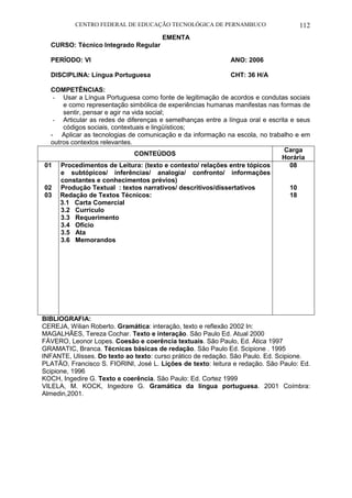 CENTRO FEDERAL DE EDUCAÇÃO TECNOLÓGICA DE PERNAMBUCO 112 
EMENTA 
CURSO: Técnico Integrado Regular 
PERÍODO: VI ANO: 2006 
DISCIPLINA: Língua Portuguesa CHT: 36 H/A 
COMPETÊNCIAS: 
- Usar a Língua Portuguesa como fonte de legitimação de acordos e condutas sociais e como representação simbólica de experiências humanas manifestas nas formas de sentir, pensar e agir na vida social; 
- Articular as redes de diferenças e semelhanças entre a língua oral e escrita e seus códigos sociais, contextuais e lingüísticos; 
- Aplicar as tecnologias de comunicação e da informação na escola, no trabalho e em outros contextos relevantes. 
CONTEÚDOS 
Carga Horária 
01 
02 
03 
Procedimentos de Leitura: (texto e contexto/ relações entre tópicos e subtópicos/ inferências/ analogia/ confronto/ informações constantes e conhecimentos prévios) 
Produção Textual : textos narrativos/ descritivos/dissertativos 
Redação de Textos Técnicos: 
3.1 Carta Comercial 
3.2 Currículo 
3.3 Requerimento 
3.4 Ofício 
3.5 Ata 
3.6 Memorandos 
08 
10 
18 
BIBLIOGRAFIA: 
CEREJA, Wilian Roberto. Gramática: interação, texto e reflexão 2002 In: 
MAGALHÃES, Tereza Cochar. Texto e interação. São Paulo Ed. Atual 2000 
FÁVERO, Leonor Lopes. Coesão e coerência textuais. São Paulo, Ed. Ática 1997 
GRAMATIC, Branca. Técnicas básicas de redação. São Paulo Ed. Scipione . 1995 
INFANTE, Ulisses. Do texto ao texto: curso prático de redação. São Paulo. Ed. Scipione. 
PLATÃO, Francisco S. FIORINI, José L. Lições de texto: leitura e redação. São Paulo: Ed. Scipione, 1996 
KOCH, Ingedire G. Texto e coerência. São Paulo: Ed. Cortez 1999 
VILELA, M. KOCK, Ingedore G. Gramática da língua portuguesa. 2001 Coímbra: Almedin,2001.  