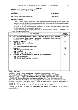 CENTRO FEDERAL DE EDUCAÇÃO TECNOLÓGICA DE PERNAMBUCO 113 
EMENTA 
CURSO: Técnico Integrado Regular 
PERÍODO: VII ANO: 2006 
DISCIPLINA: Língua Portuguesa CHT: 36 H/A 
COMPETÊNCIAS: 
- Usar a Língua Portuguesa como fonte de legitimação de acordos e condutas sociais e como representação simbólica de experiências humanas manifestas nas formas de sentir, pensar e agir na vida social; 
- Articular as redes de diferenças e semelhanças entre a língua oral e escrita e seus códigos sociais, contextuais e lingüísticos; 
- Aplicar as tecnologias de comunicação e da informação na escola, no trabalho e em outros contextos relevantes. 
CONTEÚDOS 
Carga Horária 
01 
02 
03 
04 
Procedimentos de Leitura: (texto e contexto/ relações entre tópicos e subtópicos/ inferências/ analogia/ confronto/ informações constantes e conhecimentos prévios) 
Produção Textual: 
2.1 Confecção de panfletos 
2.2 Avisos 
2.3 Convites específicos da área 
Projetos: 
3.1 Planejamento/estrutura 
3.2 Esboços 
3.3 Elaboração de projeto 
Redação de Textos Técnicos em suas Variadas Formas: 
4.1 Proposta técnica 
4.2 Relatórios (simples e complexo ) 
06 
10 
10 
10 
BIBLIOGRAFIA: 
CEREJA, Wilian Roberto. Gramática: interação, texto e reflexão 2002 In: 
MAGALHÃES, Tereza Cochar. Texto e interação. São Paulo Ed. Atual 2000 
FÁVERO, Leonor Lopes. Coesão e coerência textuais. São Paulo, Ed. Ática 1997 
GRAMATIC, Branca. Técnicas básicas de redação. São Paulo Ed. Scipione . 1995 
INFANTE, Ulisses. Do texto ao texto: curso prático de redação. São Paulo. Ed. Scipione. 
PLATÃO, Francisco S. FIORINI, José L. Lições de texto: leitura e redação. São Paulo: Ed. Scipione, 1996 
KOCH, Ingedire G. Texto e coerência. São Paulo: Ed. Cortez 1999 
VILELA, M. KOCK, Ingedore G. Gramática da língua portuguesa. 2001 Coímbra: Almedin,2001. 
 