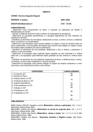 CENTRO FEDERAL DE EDUCAÇÃO TECNOLÓGICA DE PERNAMBUCO 119 
EMENTA 
CURSO: Técnico Integrado Regular 
PERÍODO: V (todos) ANO: 2006 
DISCIPLINA:Matemática V CHT: 72 H/A 
COMPETÊNCIAS: 
- Determinar suas componentes no plano, e executar as operações de Adição e 
Multiplicação por número. 
- Calcular a distância de ponto à reta e resolver as inequações de semiplanos. 
- Determinar as equações paramétricas e a equação segmentaria da reta. Resolver os 
problemas inerentes. 
- Identificar os elementos de uma elipse, destacando os eixos, o centro, os focos, a distância 
focal, os vértices e a excentricidade. 
- Determinar suas equações cujos centros estejam na origem e eixos de simetria sobre os 
eixos coordenados, e as equações das elipses cujos centros não estejam na origem e eixos 
de simetria sejam paralelos aos eixos coordenados. 
- Identificar os elementos de uma parábola, destacando o foco, a diretriz, o parâmetro, o 
vértice e o eixo de simetria. 
- Determinar as equações cujas diretrizes sejam paralelas ao eixo horizontal e o vértice 
sobre ele, e as equações cujas diretrizes sejam paralelas ao eixo vertical e o vértice sobre 
ele. 
- Identificar os elementos de uma hipérbole, destacando os focos, a distância focal, o centro, 
os vértices, os eixos real e imaginário e o eixo de simetria. 
- Determinar as equações cujos centros estejam na origem do sistema cartesiano e o eixo 
real sobre o eixo horizontal ou sobre o eixo vertical. 
CONTEÚDOS CARGA HORÁRIA 
1. O conjunto 22 R2. 
2. Vetores no Plano. 
3. Produto Interno no 22 R2. 
4. O Estudo da Reta no 22 R2. 
5. Lugares Geométricos. 
6. A Circunferência no 22 R2. 
7. A Elipse no 22 R2. 
8. A Parábola no 22 R2. 
9. A Hipérbole no 22 R2. 
06 
06 
10 
20 
04 
08 
06 
06 
06 
BIBLIOGRAFIA: 
IEZZI, Gelson; DOLCE, Osvaldo e outros. Matemática: ciência e aplicações. Vol. 1, 2 e 3. 
São Paulo: Editora Atual,.2001. 
MACHADO, Antônio dos Santos. Matemática na escola do segundo grau. Vol. 1, 2 e 3. 
São Paulo: Editora Atual, 1994. 
MACHADO, Antônio dos Santos. Matemática, temas e metas. Vol. 1, 2, 3, 4, 5 e 6. São 
Paulo: Editora Atual, 1986 . 
MACHADO, Antônio dos Santos. Geometria Analítica e Álgebra Linear. São Paulo: 
Editora Atual, 1980. 
 