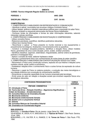 CENTRO FEDERAL DE EDUCAÇÃO TECNOLÓGICA DE PERNAMBUCO 124 
EMENTA 
CURSO: Técnico Integrado Regular (todos os cursos) 
PERÍODO: I ANO: 2006 
DISCIPLINA: FÍSICA I CHT: 54 H/A 
COMPETÊNCIAS: 
1. COMPETÊNCIAS E HABILIDADES EM REPRESENTAÇÃO E COMUNICAÇÃO 
- Identificar e aplicar enunciados que envolvam códigos e símbolos físicos; 
- Utilizar tabelas, gráficos e relações matemáticas gráficas para a expressão do saber físico; 
- Elaborar sínteses ou esquemas estruturados dos temas físicos trabalhados; 
- Conhecer fontes de informações e formas de obter informações relevantes, sabendo interpretar notícias científicas. 
2. COMPETÊNCIAS E HABILIDADES EM INVESTIGAÇÃO E COMPREENSÃO 
- Utilizar conceitos físicos. 
- Relacionar grandezas, quantificar, identificar parâmetros relevantes. 
- Utilizar leis e teorias físicas; 
- Reconhecer e aplicar a Física presente no mundo vivencial e nos equipamentos e procedimentos tecnológicos. Analisando o funcionamento entre os aparelhos; 
- Construir e investigar situações-problema, identificar a situação física, utilizar modelos físicos, generalizar de uma a outra situação, prever, avaliar, analisar previsões; 
- Identificar,classificar, organizar, sistematizar, irregularidades, estimar ordens de grandezas, partindo a investigação física 
- Aplicar o conceito de medir, elaborar hipóteses e testar 
- Articular o conhecimento físico com conhecimentos de outras áreas do saber científico. 
3. COMPETÊNCIAS E HABILIDADES EM CONTEXTUALIZAÇÃO SÓCIO-CULTURAL 
- Reconhecer a Física como construção humana, aspectos de sua história e relações como contexto cultural, social, político e econômico; 
- Estabelecer relações entre o conhecimento físico e outras formas de expressão da cultura humana; 
- Descrever o papel da Física no sistema produtivo, a evolução dos meios tecnológicos e sua relação dinâmica com a evolução do conhecimento científico; 
- Dimensionar a crescente capacidade do ser humano propiciada pela tecnologia; 
- Emitir juízos de valor em relação a situações sociais que envolvem aspectos físicos e/ou tecnológicos relevantes. 
CONTEÚDOS PROGRAMÁTICOS 
CARGA HORÁRIA 
ÊNFASE: CINEMÁTICA 
01. Introdução à Física 
02. Teoria dos Erros – Notação Científica – Algarismos Significativos – Ordem de Grandeza – Arredondamentos 
03. Conceitos Básicos da Cinemática Escalar 
04. Movimento Uniforme 
05. Movimento Uniformemente Variado 
06. Queda Livre e Lançamento Vertical 
07. Vetores 
08. Conceitos Básicos de Cinemática Vetorial 
09. Cinemática em Coordenada Angular 
03 
07 
09 
04 
06 
03 
10 
07 
05 
BIBLIOGRAFIA: 
BEM-DOV, Y. Convite à Física. Rio de Janeiro: Jorge Zahar Ed. 1996. 
VILAS-BÔAS, N.; DOCA, R. H.; BISCUOLA, G. J. Tópicos de Física 1. São Paulo: Saraiva, 10 ed. 1993. 
BONJORNO, J. R.; VALTER, R. A.; RAMOS, C. M. Temas de Física 1. São Paulo: FTD. 1998.  