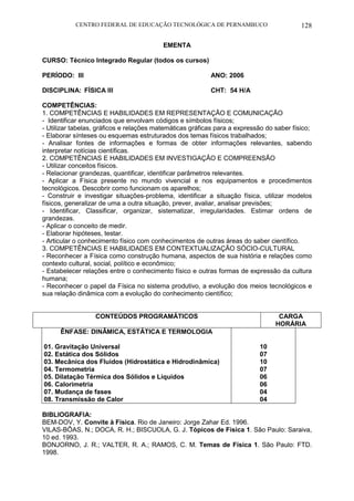 CENTRO FEDERAL DE EDUCAÇÃO TECNOLÓGICA DE PERNAMBUCO 128 
EMENTA 
CURSO: Técnico Integrado Regular (todos os cursos) 
PERÍODO: III ANO: 2006 
DISCIPLINA: FÍSICA III CHT: 54 H/A 
COMPETÊNCIAS: 
1. COMPETÊNCIAS E HABILIDADES EM REPRESENTAÇÃO E COMUNICAÇÃO 
- Identificar enunciados que envolvam códigos e símbolos físicos; 
- Utilizar tabelas, gráficos e relações matemáticas gráficas para a expressão do saber físico; 
- Elaborar sínteses ou esquemas estruturados dos temas físicos trabalhados; 
- Analisar fontes de informações e formas de obter informações relevantes, sabendo interpretar notícias científicas. 
2. COMPETÊNCIAS E HABILIDADES EM INVESTIGAÇÃO E COMPREENSÃO 
- Utilizar conceitos físicos. 
- Relacionar grandezas, quantificar, identificar parâmetros relevantes. 
- Aplicar a Física presente no mundo vivencial e nos equipamentos e procedimentos tecnológicos. Descobrir como funcionam os aparelhos; 
- Construir e investigar situações-problema, identificar a situação física, utilizar modelos físicos, generalizar de uma a outra situação, prever, avaliar, analisar previsões; 
- Identificar, Classificar, organizar, sistematizar, irregularidades. Estimar ordens de grandezas. 
- Aplicar o conceito de medir. 
- Elaborar hipóteses, testar. 
- Articular o conhecimento físico com conhecimentos de outras áreas do saber científico. 
3. COMPETÊNCIAS E HABILIDADES EM CONTEXTUALIZAÇÃO SÓCIO-CULTURAL 
- Reconhecer a Física como construção humana, aspectos de sua história e relações como contexto cultural, social, político e econômico; 
- Estabelecer relações entre o conhecimento físico e outras formas de expressão da cultura humana; 
- Reconhecer o papel da Física no sistema produtivo, a evolução dos meios tecnológicos e sua relação dinâmica com a evolução do conhecimento científico; 
CONTEÚDOS PROGRAMÁTICOS 
CARGA HORÁRIA 
ÊNFASE: DINÂMICA, ESTÁTICA E TERMOLOGIA 
01. Gravitação Universal 
02. Estática dos Sólidos 
03. Mecânica dos Fluidos (Hidrostática e Hidrodinâmica) 
04. Termometria 
05. Dilatação Térmica dos Sólidos e Líquidos 
06. Calorimetria 
07. Mudança de fases 
08. Transmissão de Calor 
10 
07 
10 
07 
06 
06 
04 
04 
BIBLIOGRAFIA: 
BEM-DOV, Y. Convite à Física. Rio de Janeiro: Jorge Zahar Ed. 1996. 
VILAS-BÔAS, N.; DOCA, R. H.; BISCUOLA, G. J. Tópicos de Física 1. São Paulo: Saraiva, 10 ed. 1993. 
BONJORNO, J. R.; VALTER, R. A.; RAMOS, C. M. Temas de Física 1. São Paulo: FTD. 1998.  