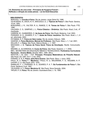 CENTRO FEDERAL DE EDUCAÇÃO TECNOLÓGICA DE PERNAMBUCO 133 
16. Elementos de uma onda – Princípios de Huygens-Fresnel – Reflexão e refração de ondas planas – Lei de Snell-Descartes 
04 
BIBLIOGRAFIA: 
BEM-DOV, Y. Convite à Física. Rio de Janeiro: Jorge Zahar Ed. 1996. 
VILAS-BÔAS, N.; DOCA, R. H.; BISCUOLA, G. J. Tópicos de Física 1. São Paulo: Saraiva, 10 ed. 1993. 
BONJORNO, J. R.; VALTER, R. A.; RAMOS, C. M. Temas de Física 1. São Paulo: FTD. 1998. 
CALÇADA, C. S.; SAMPAIO, J. L. Física Clássica – Dinâmica. São Paulo: Atual, 2 ed., 4ª impressão. 
CARRON, W.; GUIMARÃES, O. As faces da Física. São Paulo: Moderna, 3 ed. 2003. 
FERRARO, N. G.; SOARES, P. A. T. Aulas de Física: mecânica. São Paulo: Atual, v. 1, 8 ed. reformada. 2003. 
FEYNMAN, R. P. Física em Seis Lições. Rio de Janeiro: Ediouro. 1999. 
GASPAR, A. Física Mecânica, Manual do Professor. São Paulo: Ática, v. 1, 1 ed. 2001. 
KELLER, F. J. Física. São Paulo: Makron Books, v. 1. 1997. 
MACHADO, J. M. Tópicos de Física Geral: Física da Gravitação. Recife: Comunicarte. 1997. 
MÁXIMO, A.; ALVARENGA, B. Curso de Física. São Paulo: Scipione, v. 1. 2000. 
MEC, SECRETARIA DA EDUCAÇÃO MÉDIA E TECNOLÓGICA. Parâmetros Curriculares Nacionais – Ensino Médio. Brasília: MEC. 1999. 364 p. 
NEWTON, I. Sir 1642 – 1727. Principia: Princípios Matemáticos de Filosofia Natural. São Paulo: Ed. USP, livro 1, 2 ed. 2002. 
PARANÁ, D. N. S. Física, série Novo Ensino. São Paulo: Ática, v. único. 2002. 
PAULI, R. U. Física 1 – Mecânica / PAULI, R. U.; MAJORANA, F. S.; HEILMAN, H. P. CHOHFI, C. A. São Paulo: EPU. 1978. 
RAMALHO, F. J.; FERRARO, N. G.; SOARES, P. A. T. Os Fundamentos da Física 1. São Paulo: Moderna, 6 ed. 1997. 
TALAVERA, A. C. Física: Mecânica IV. São Paulo: Nova Geração. 2004. 
TIPLER, P. A. Física. Rio de Janeiro: Guanabara Dois, v. 1b. 1985. 
 