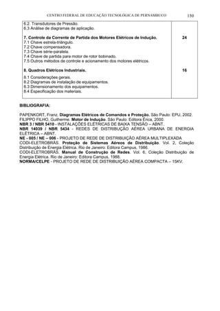 CENTRO FEDERAL DE EDUCAÇÃO TECNOLÓGICA DE PERNAMBUCO 150 
6.2. Transdutores de Pressão. 
6.3 Análise de diagramas de aplicação. 
7. Controle da Corrente de Partida dos Motores Elétricos de Indução. 
7.1 Chave estrela-triângulo. 
7.2 Chave compensadora. 
7.3 Chave série-paralela. 
7.4 Chave de partida para motor de rotor bobinado. 
7.5 Outros métodos de controle e acionamento dos motores elétricos. 
8. Quadros Elétricos Industriais. 
8.1 Considerações gerais. 
8.2 Diagramas de instalação de equipamentos. 
8.3 Dimensionamento dos equipamentos. 
8.4 Especificação dos materiais. 
24 
16 
BIBLIOGRAFIA: 
PAPENKORT, Franz. Diagramas Elétricos de Comandos e Proteção. São Paulo: EPU, 2002. 
FILIPPO FILHO, Guilherme. Motor de Indução. São Paulo: Editora Érica, 2000. 
NBR 3 / NBR 5410 - INSTALAÇÕES ELÉTRICAS DE BAIXA TENSÃO – ABNT. 
NBR 14039 / NBR 5434 - REDES DE DISTRIBUÇÃO AÉREA URBANA DE ENERGIA ELÉTRICA – ABNT. 
NE - 005 / NE – 006 - PROJETO DE REDE DE DISTRIBUIÇÃO AÉREA MULTIPLEXADA 
CODI-ELETROBRÁS. Proteção de Sistemas Aéreos de Distribuição. Vol. 2, Coleção Distribuição de Energia Elétrica. Rio de Janeiro: Editora Campus, 1986. 
CODI-ELETROBRÁS. Manual de Construção de Redes. Vol. 6, Coleção Distribuição de Energia Elétrica. Rio de Janeiro: Editora Campus, 1988. 
NORMA/CELPE - PROJETO DE REDE DE DISTRIBUIÇÃO AÉREA COMPACTA – 15KV. 
 