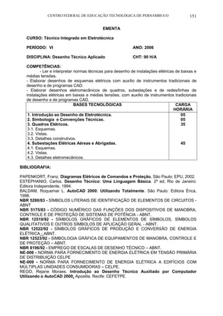 CENTRO FEDERAL DE EDUCAÇÃO TECNOLÓGICA DE PERNAMBUCO 151 
EMENTA 
CURSO: Técnico Integrado em Eletrotécnica 
PERÍODO: VI ANO: 2006 
DISCIPLINA: Desenho Técnico Aplicado CHT: 90 H/A 
COMPETÊNCIAS: 
- Ler e interpretar normas técnicas para desenho de instalações elétricas de baixas e médias tensões. 
- Elaborar desenhos de esquemas elétricos com auxílio de instrumentos tradicionais de desenho e de programas CAD. 
- Elaborar desenhos eletromecânicos de quadros, subestações e de redes/linhas de instalações elétricas em baixas e médias tensões, com auxílio de instrumentos tradicionais de desenho e de programas CAD. 
BASES TECNOLÓGICAS 
CARGA HORÁRIA 
1. Introdução ao Desenho de Eletrotécnica. 
2. Simbologia e Convenções Técnicas. 
3. Quadros Elétricos. 
3.1. Esquemas. 
3.2. Vistas. 
3.3. Detalhes construtivos. 
4. Subestações Elétricas Aéreas e Abrigadas. 
4.1. Esquemas. 
4.2. Vistas. 
4.3. Detalhes eletromecânicos. 
05 
05 
35 
45 
BIBLIOGRAFIA: 
PAPENKORT, Franz. Diagramas Elétricos de Comandos e Proteção. São Paulo: EPU, 2002. 
ESTEPHANIO, Carlos. Desenho Técnico: Uma Linguagem Básica. 2ª ed, Rio de Janeiro: Editora Independente, 1994. 
BALDAM, Roquemar L. AutoCAD 2000: Utilizando Totalmente. São Paulo: Editora Érica, 1998. 
NBR 5280/83 - SÍMBOLOS LITERAIS DE IDENTIFICAÇÃO DE ELEMENTOS DE CIRCUITOS - ABNT 
NBR 5175/83 - CÓDIGO NUMÉRICO DAS FUNÇÕES DOS DISPOSITIVOS DE MANOBRA, CONTROLE E DE PROTEÇÃO DE SISTEMAS DE POTÊNCIA - ABNT. 
NBR 12519/92 - SÍMBOLOS GRÁFICOS DE ELEMENTOS DE SÍMBOLOS, SÍMBOLOS QUALITATIVOS E OUTROS SÍMBOLOS DE APLICAÇÃO GERAL - ABNT. 
NBR 12522/92 - SÍMBOLOS GRÁFICOS DE PRODUÇÃO E CONVERSÃO DE ENERGIA ELÉTRICA - ABNT. 
NBR 12523/92 - SIMBOLOGIA GRÁFICA DE EQUIPAMENTOS DE MANOBRA, CONTROLE E DE PROTEÇÃO – ABNT. 
NBR 8196/92 - EMPREGO DE ESCALAS DE DESENHO TÉCNICO – ABNT. 
NE-006 - NORMA PARA FORNECIMENTO DE ENERGIA ELÉTRICA EM TENSÃO PRIMÁRIA DE DISTRIBUIÇÃO CELPE 
NE-009 - NORMA PARA FORNECIMENTO DE ENERGIA ELÉTRICA A EDIFÍCIOS COM MÚLTIPLAS UNIDADES CONSUMIDORAS – CELPE. 
REGO, Rejane Moraes. Introdução ao Desenho Técnico Auxiliado por Computador Utilizando o AutoCAD 2000. Apostila. Recife: CEFETPE.  